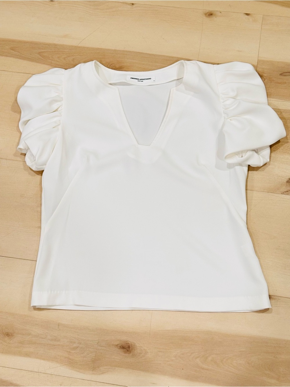 Amanda Uprichard White Puff-Sleeve V-Neck Top Minimalist Lightweight Sz M
